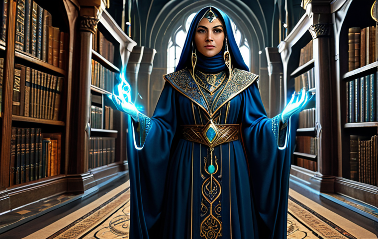 리니지W 마법사 클래스 장점 - The Wise Sorceress**
"A professional image of a wise, powerful sorceress in Lineage W, wearing trad...